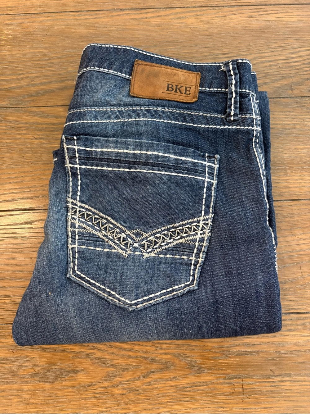 BKE Jake Bootcut Dark Blue Jeans with White Embroidered Pocket Size 32 L